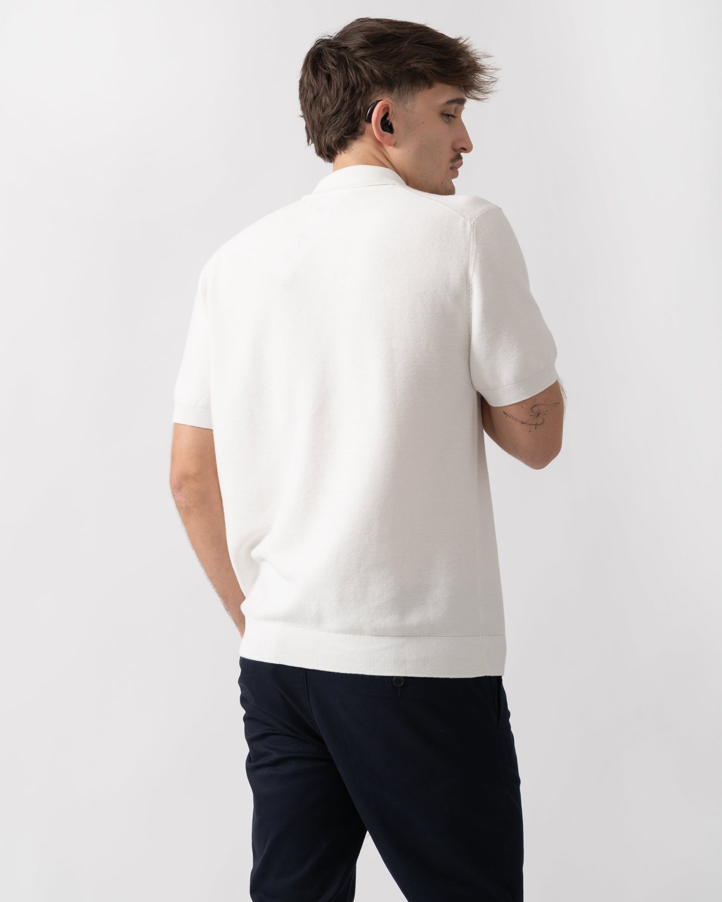 Moss Stitch Cotton Polo Collar Mens Sweater - Flour 70V