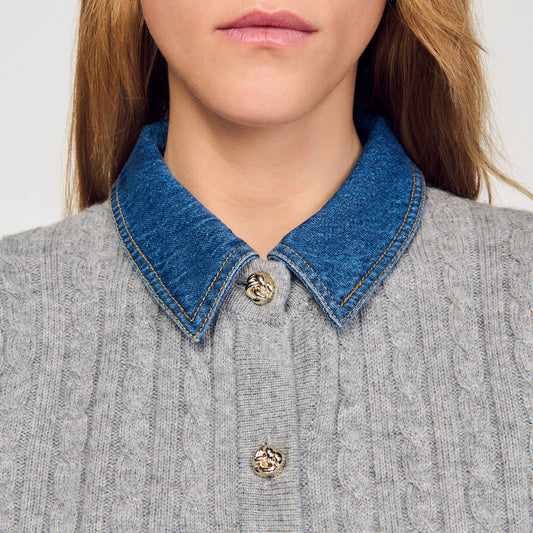 Cardigan with denim collar