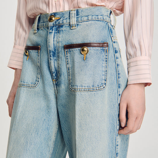 Straight-leg leather detail jeans