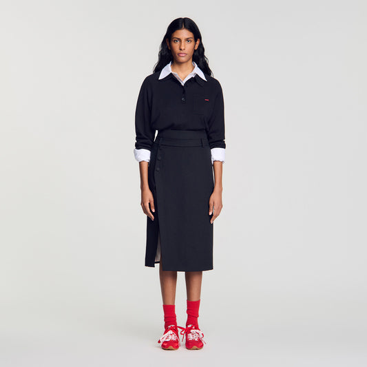Mid-length slit wool skirt