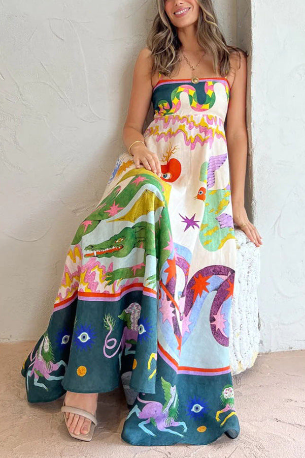 Midikleid aus Leinenmischung mit einzigartigem Print, gesmokter Rückseite und Taschen