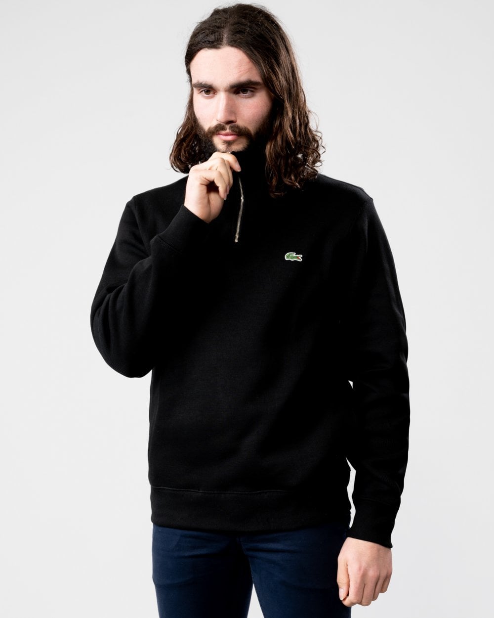 Mens Zippered Stand-Up Collar Cotton Sweatshirt - Black 031