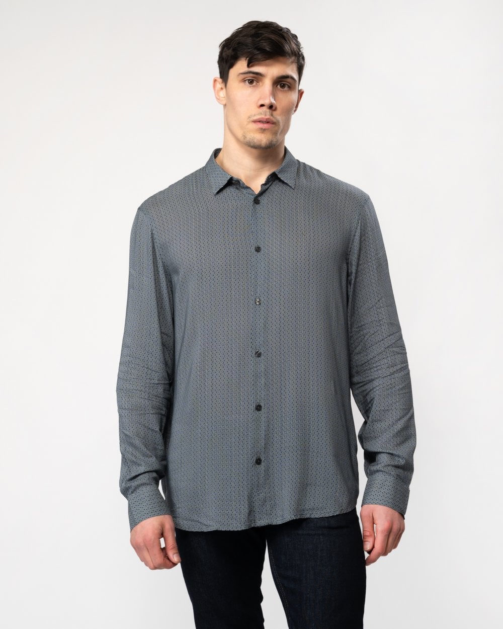Mens Long Sleeve Pattern Print Shirt - Urban Chic Geometric Brick 7801