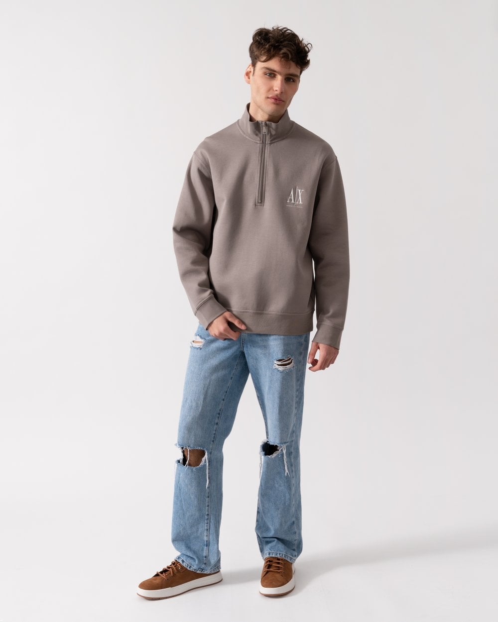Mens Embroidered A|X Logo 1/4 Zip Sweatshirt - Driftwood U6107