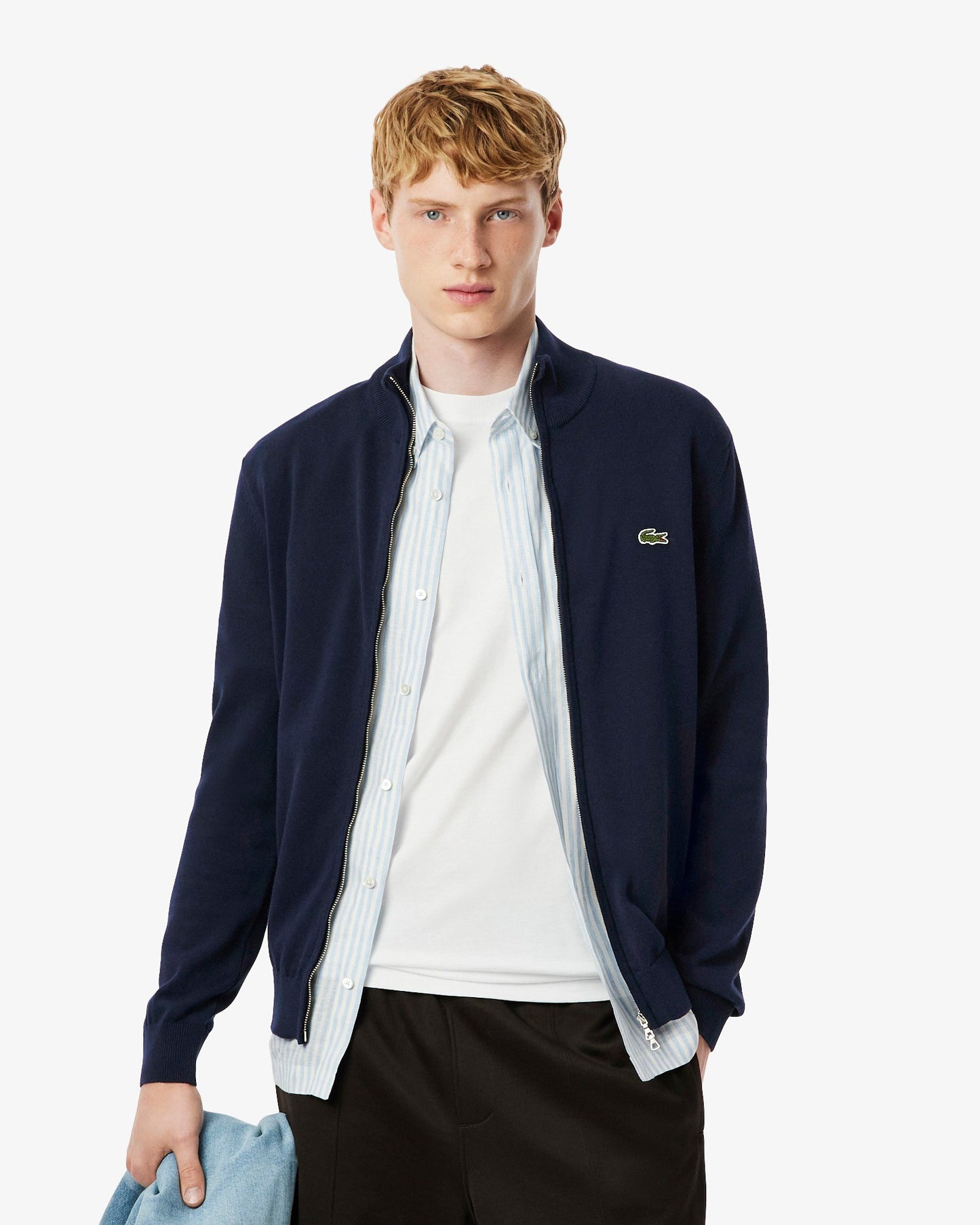 High Neck Zipped Cotton Mens Sweater - Navy Blue 166