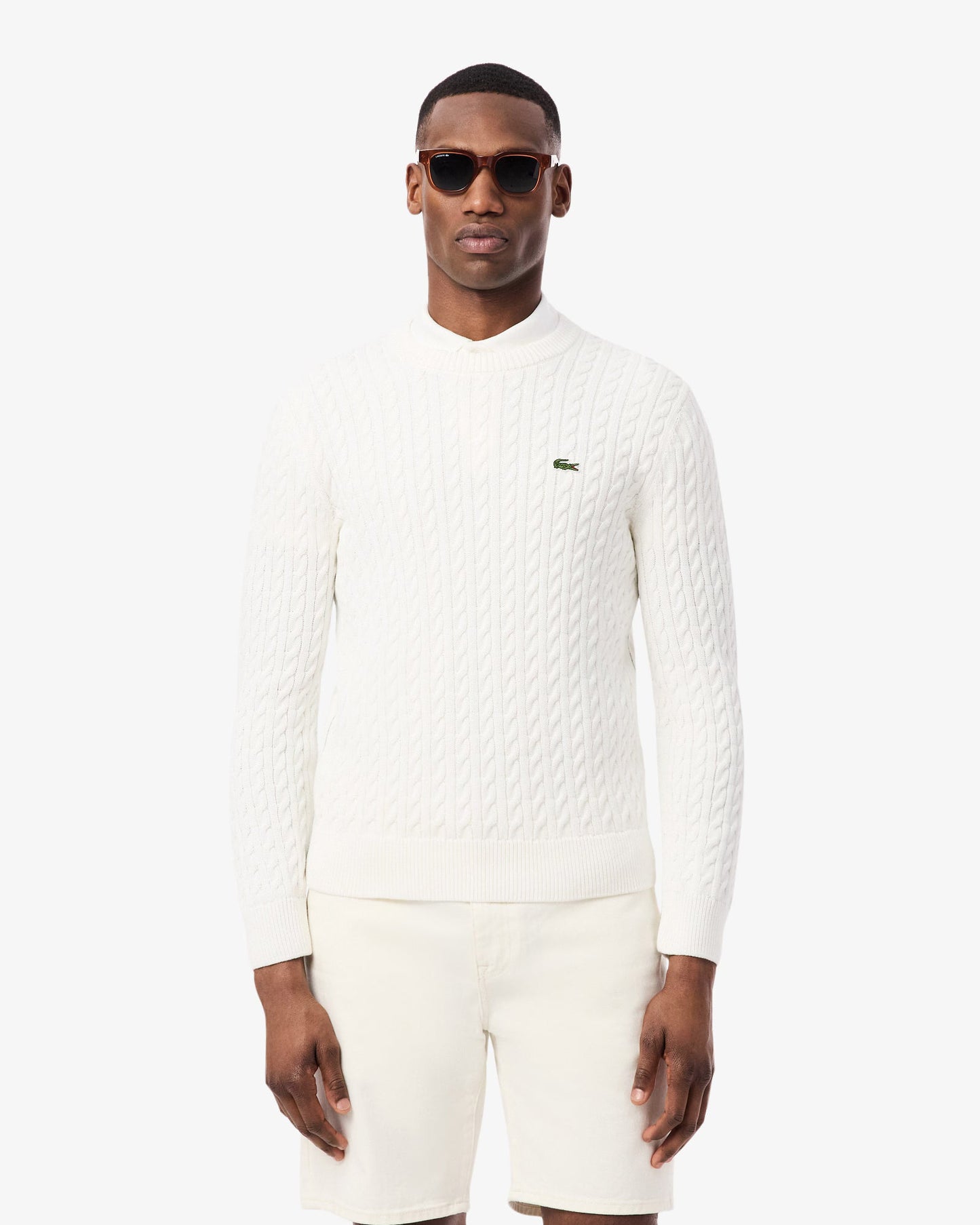 Cable Knit Mens Cotton Jumper - Flour/Green