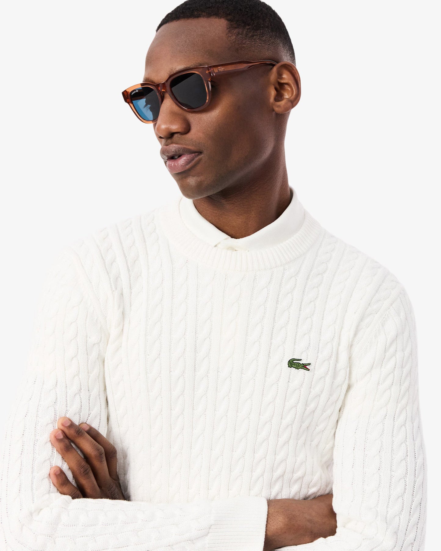 Cable Knit Mens Cotton Jumper - Flour/Green