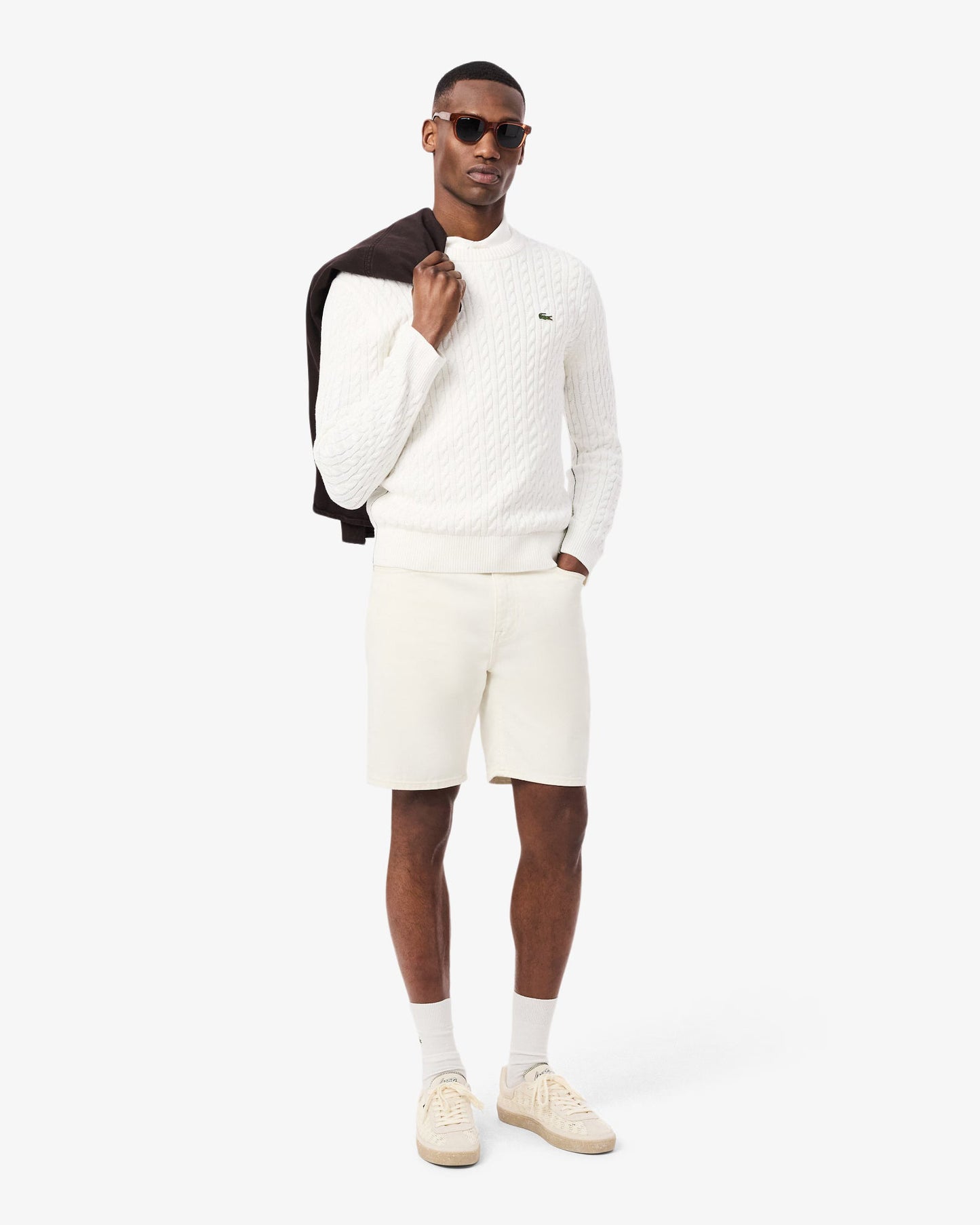 Cable Knit Mens Cotton Jumper - Flour/Green