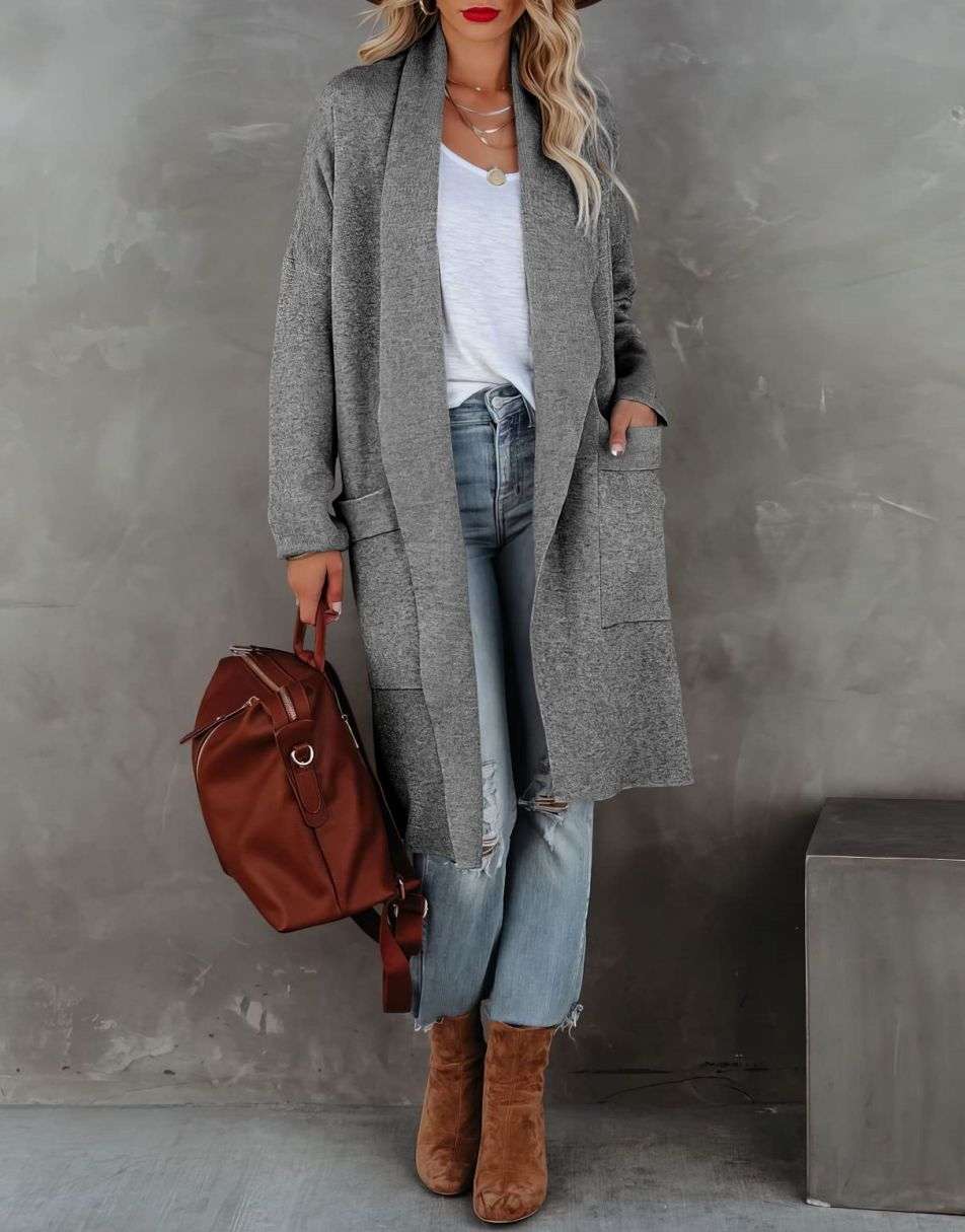 ANRABESS Women's Casual Long Sleeve Draped Open Front Knit Pockets Long Cardigan Jackets Sweater