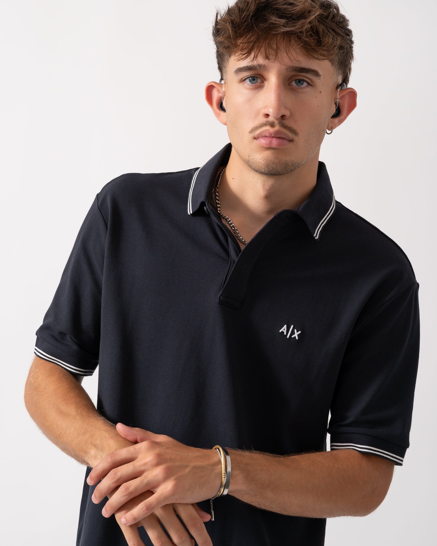 Mens A|X Monogram Polo Shirt with Double Tipping - Deep Navy UB101