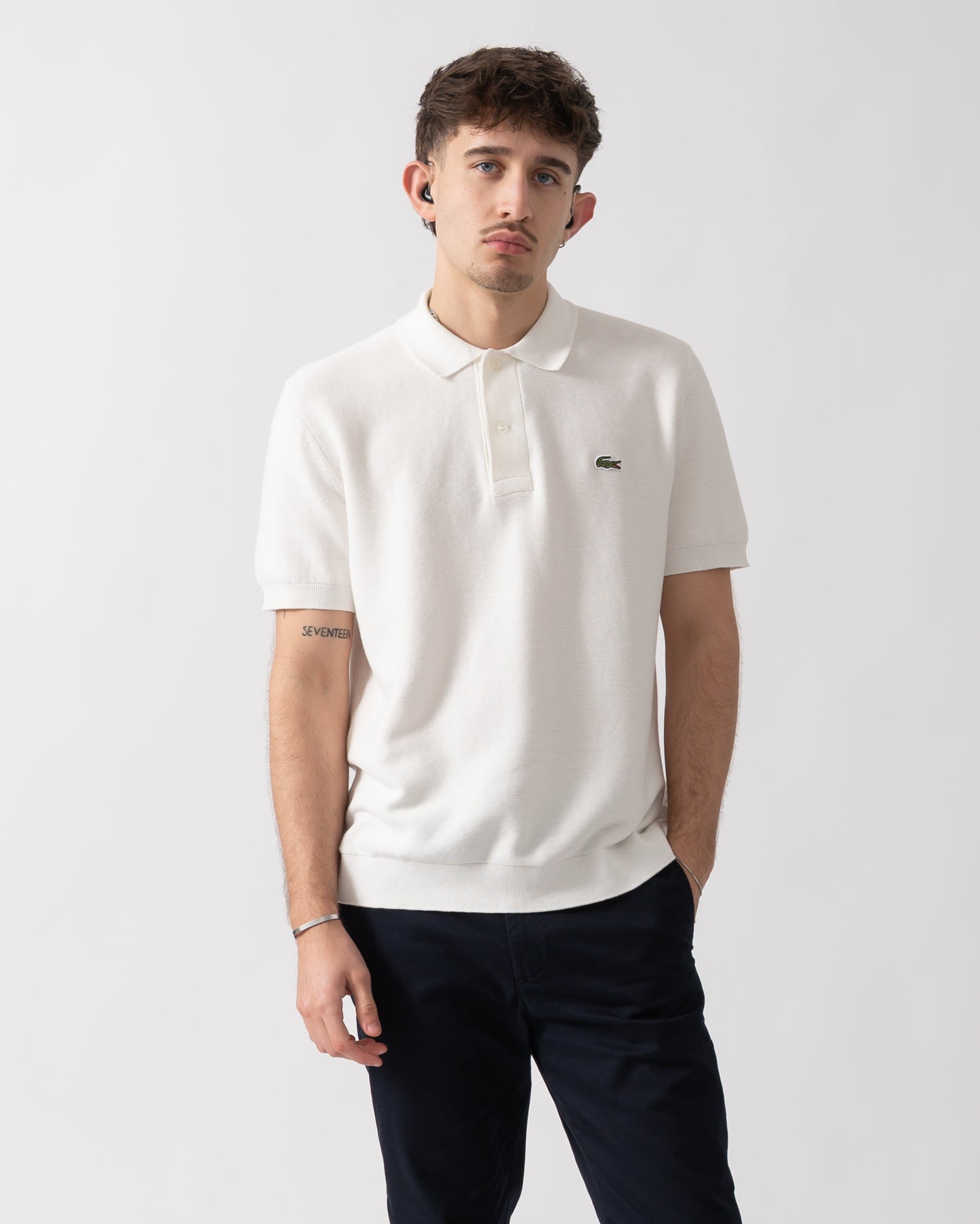 Moss Stitch Cotton Polo Collar Mens Sweater - Flour 70V