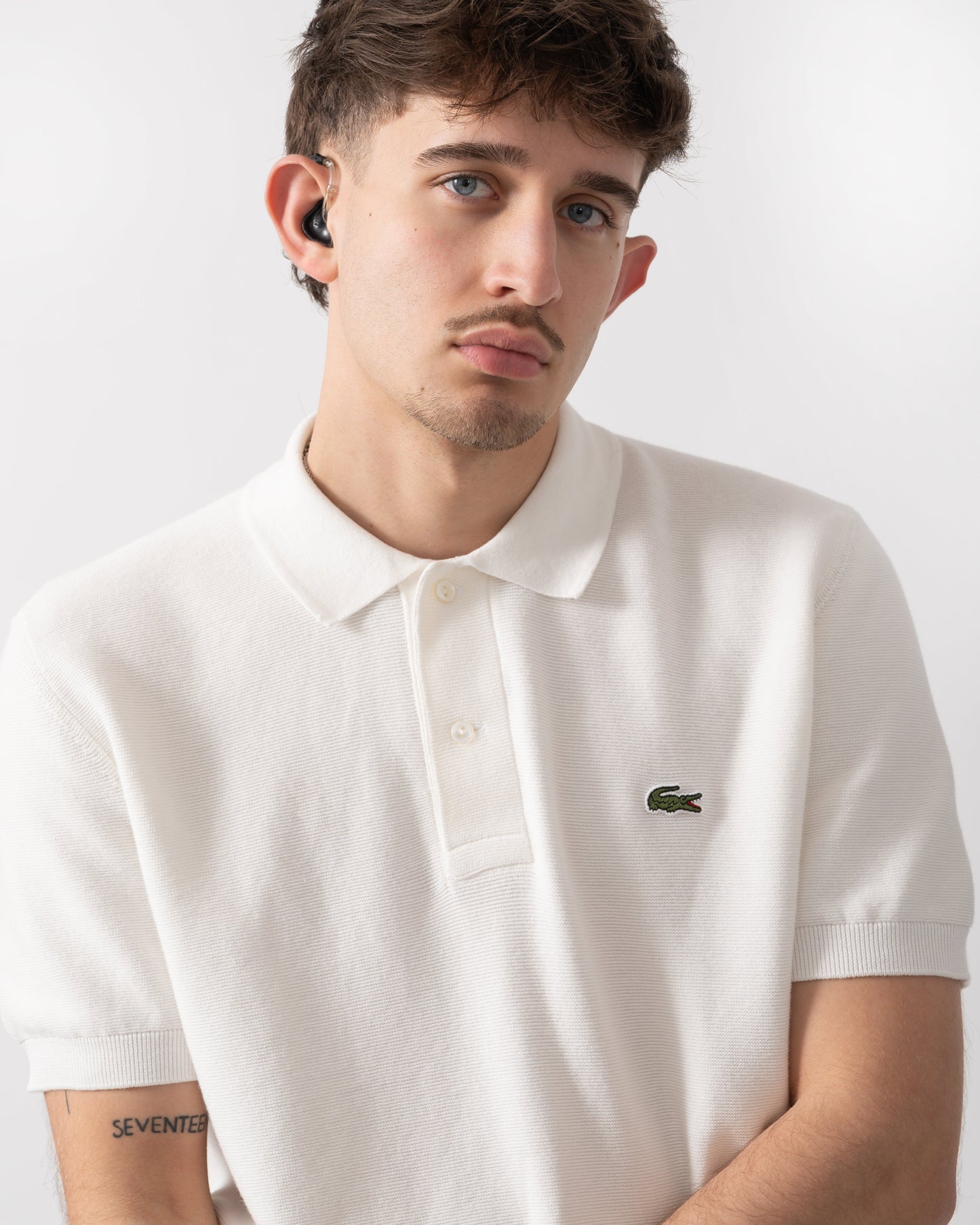 Moss Stitch Cotton Polo Collar Mens Sweater - Flour 70V