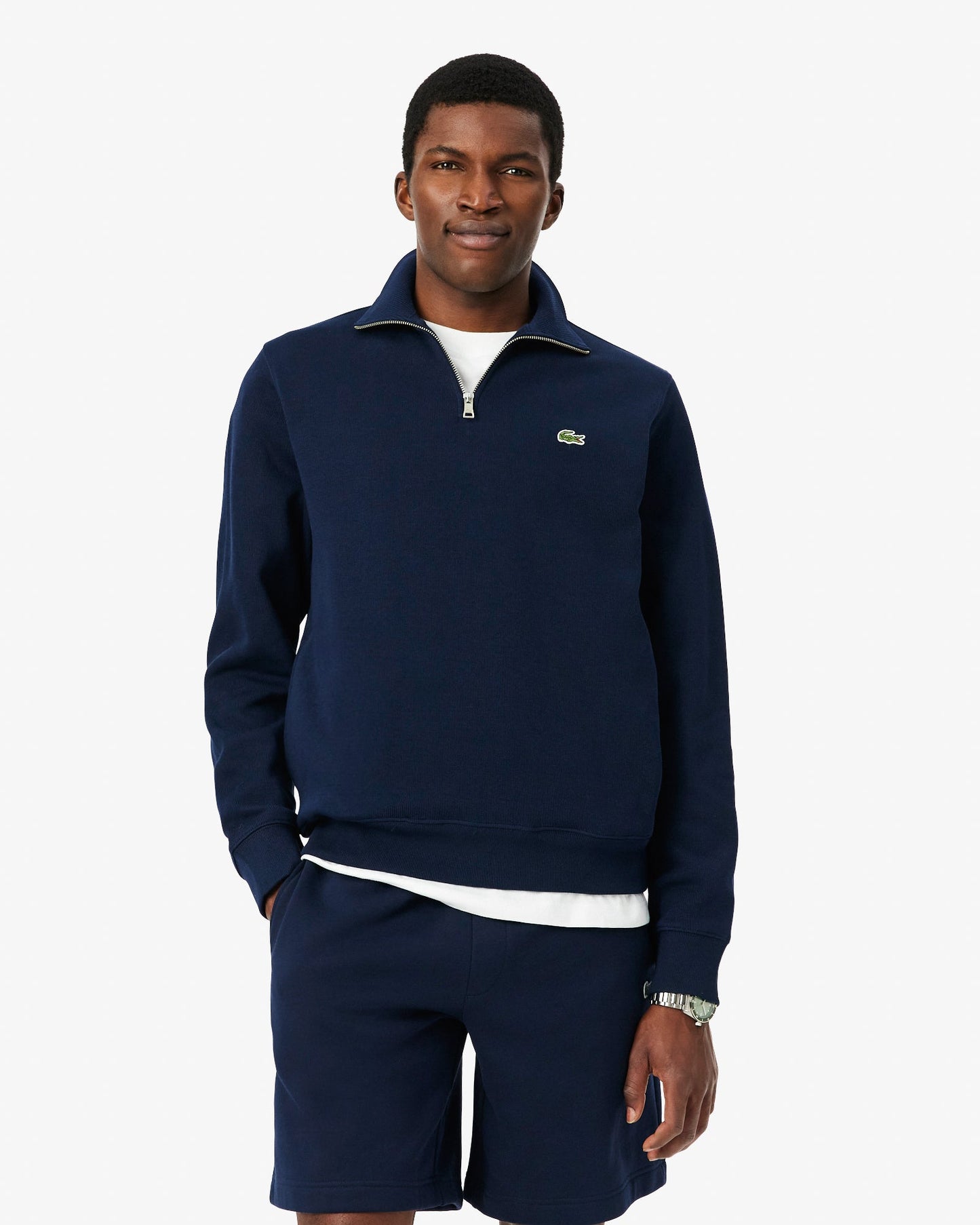 Mens Zippered Stand-Up Collar Cotton Sweatshirt - Navy Blue 166