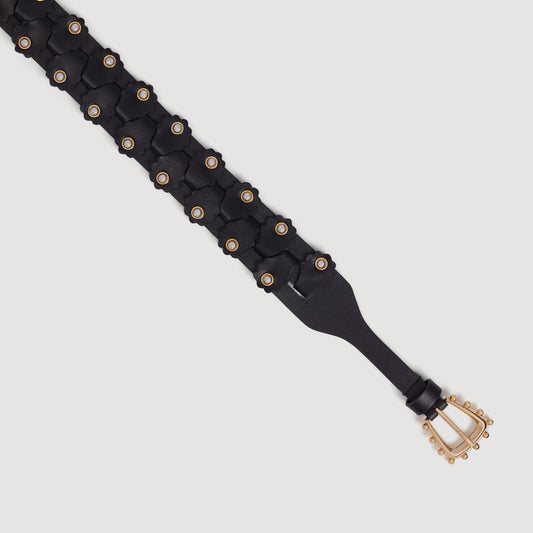 Interlaced leather belt with studs