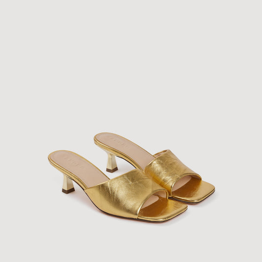Heeled metallic leather mules
