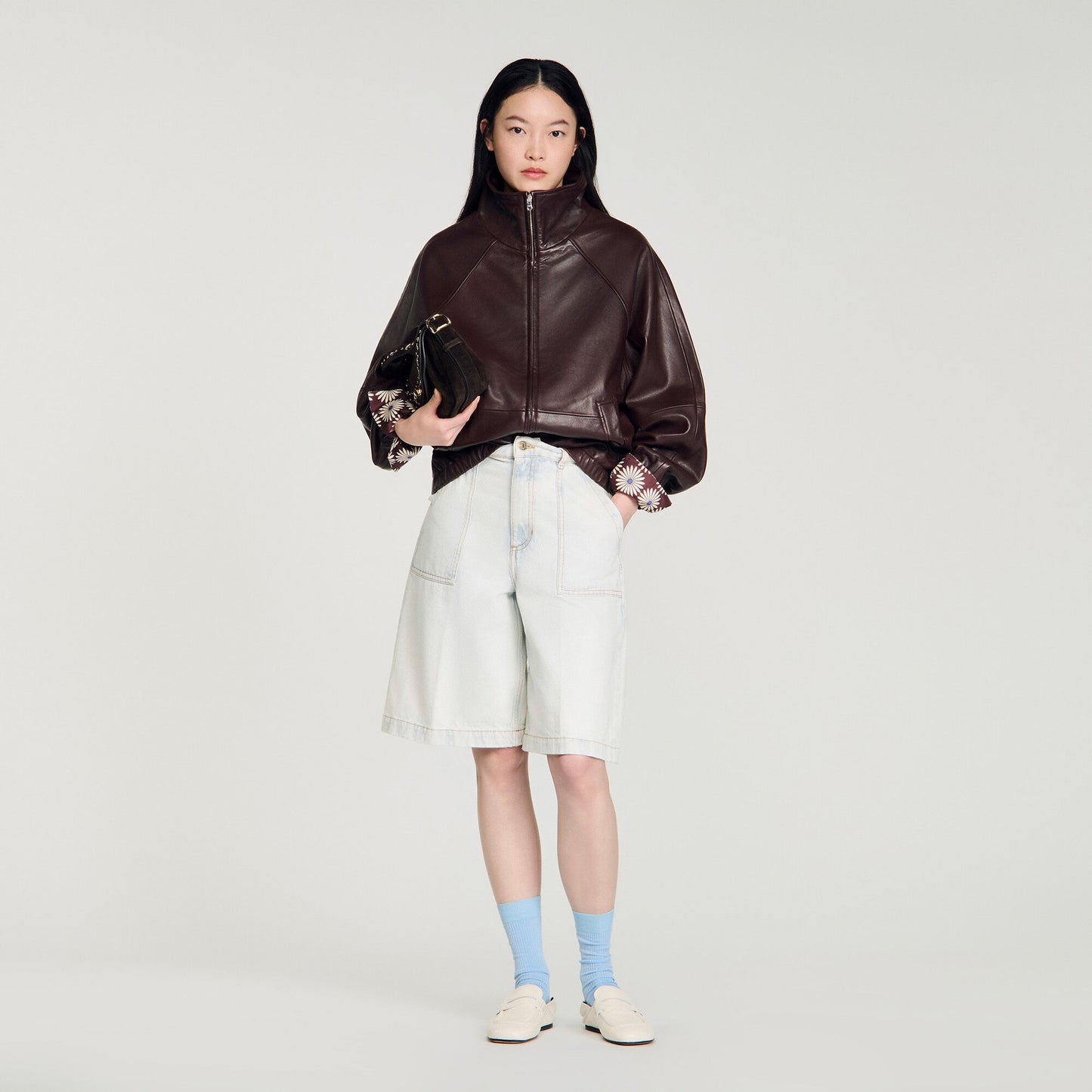 Oversized zip-up leather jacket