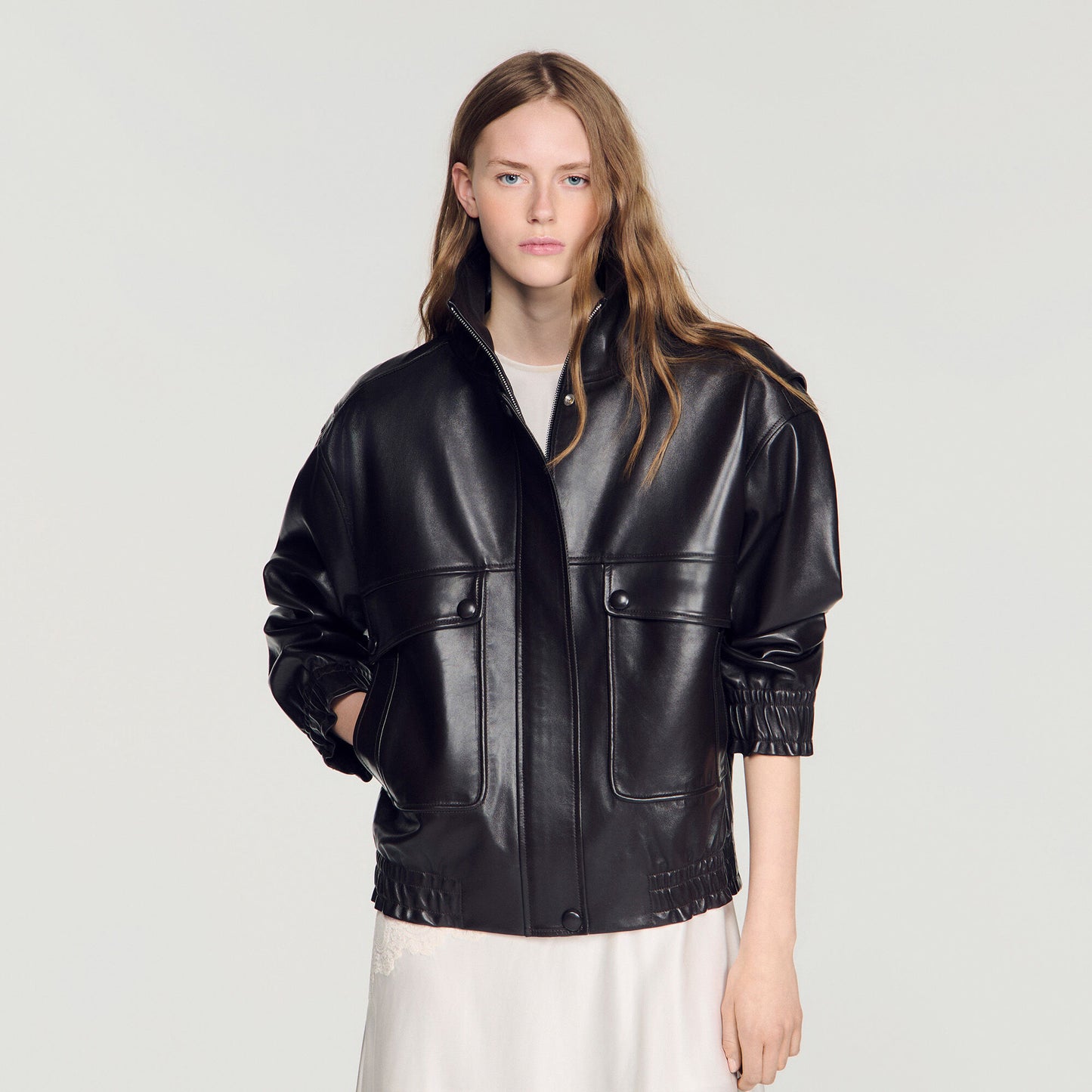 Standing collar leather jacket