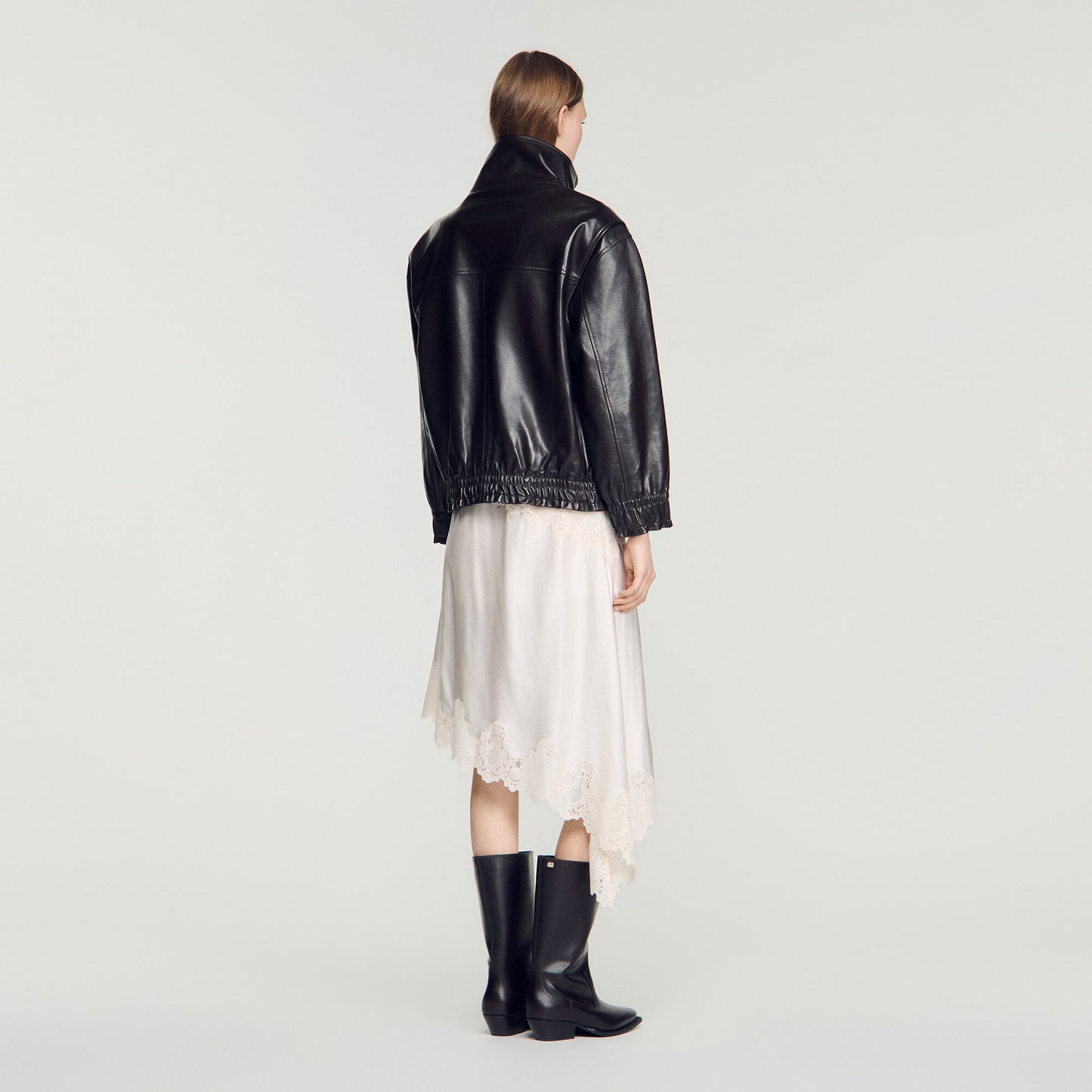 Standing collar leather jacket