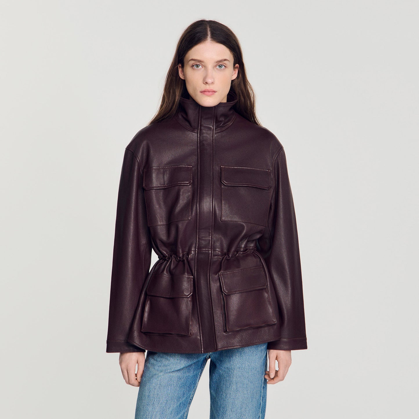 Oversized leather collar jacket