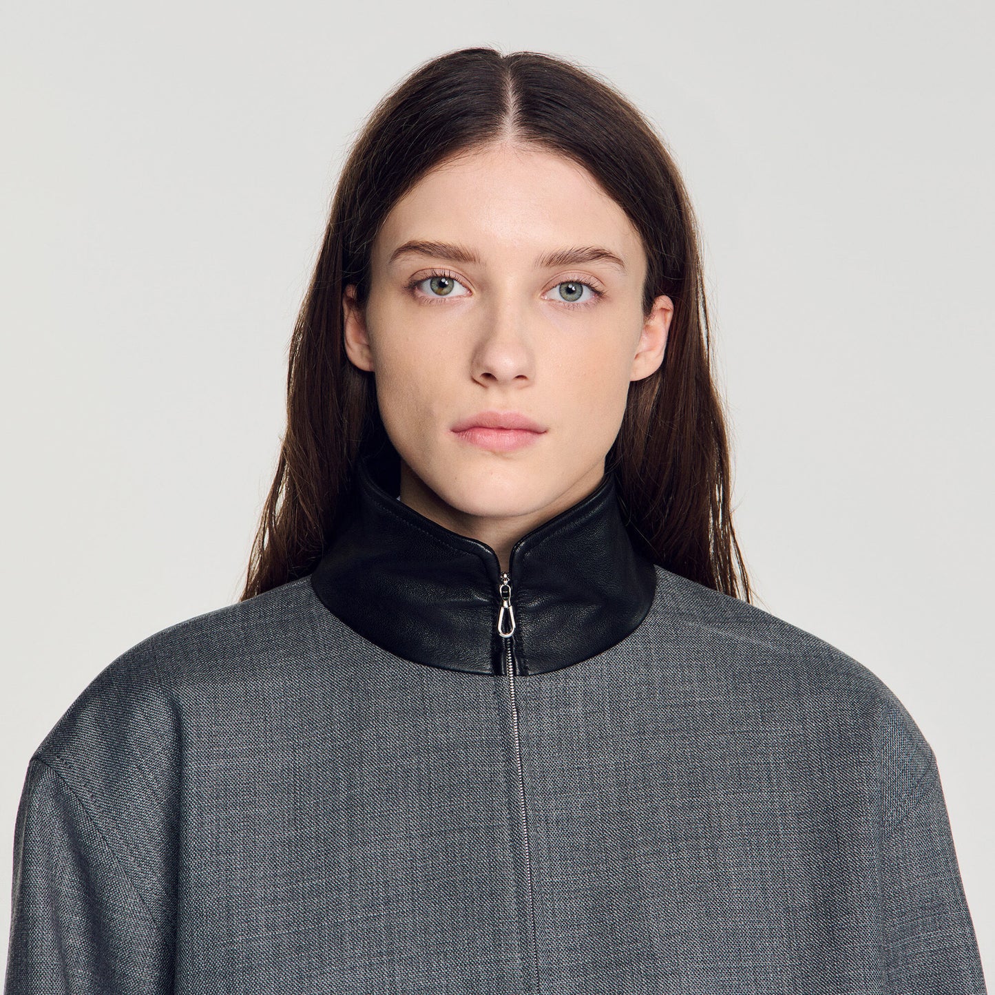 Oversized leather-collar jacket