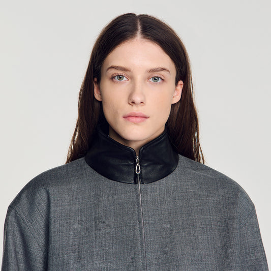 Oversized leather-collar jacket
