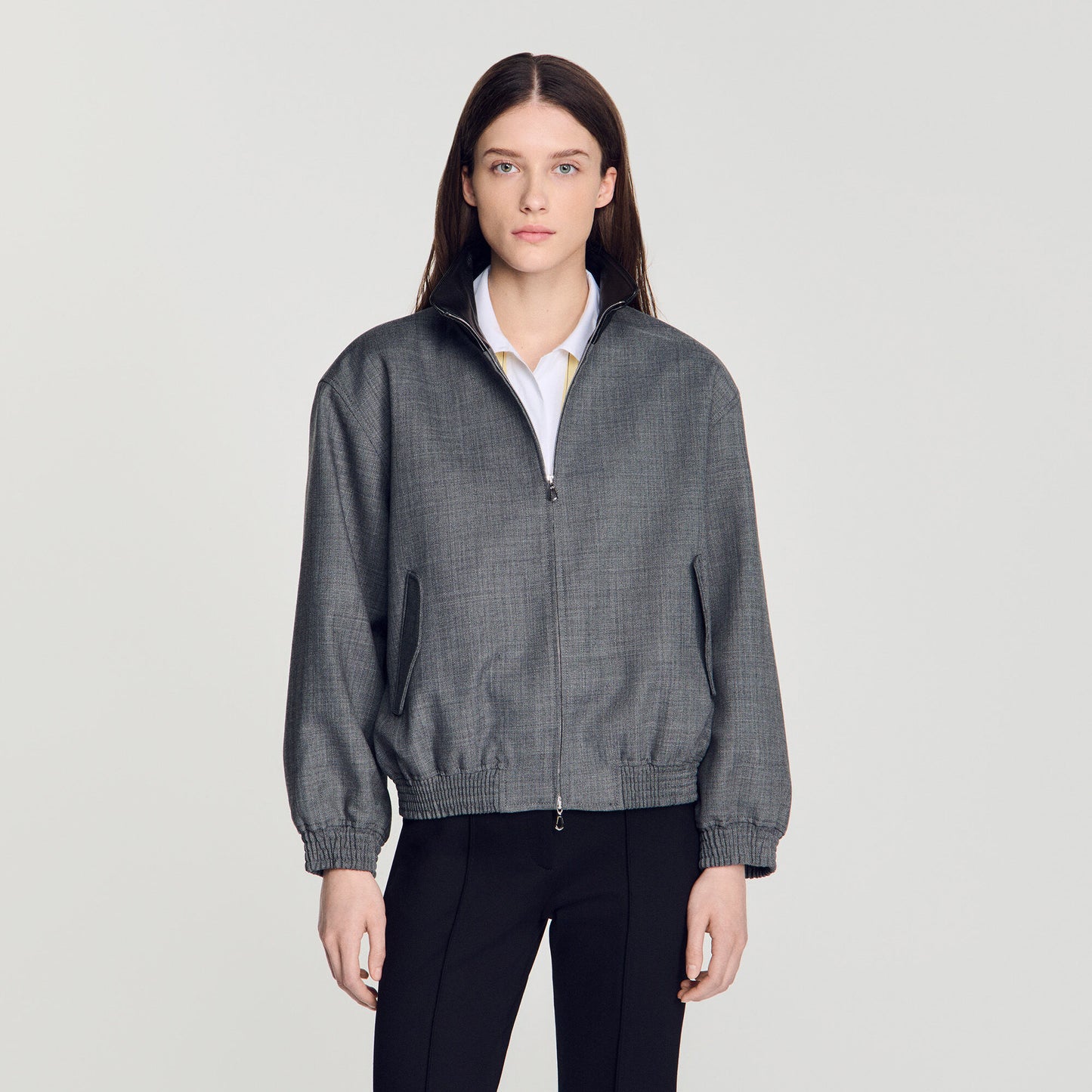 Oversized leather-collar jacket