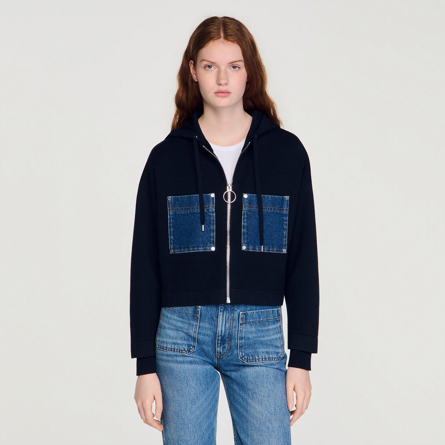 Knit and denim sweatshirt