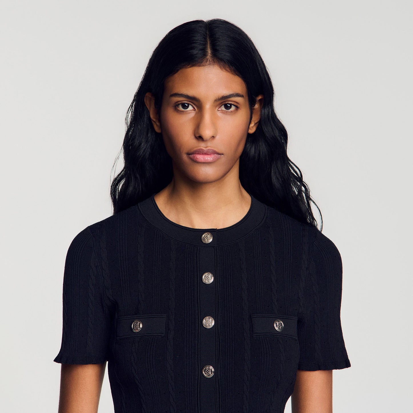 Cropped pointelle knit cardigan