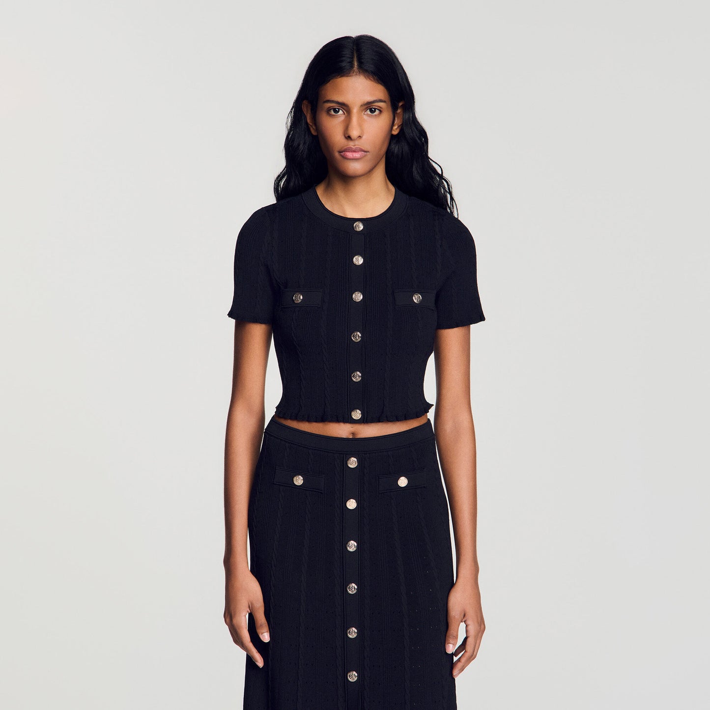 Cropped pointelle knit cardigan