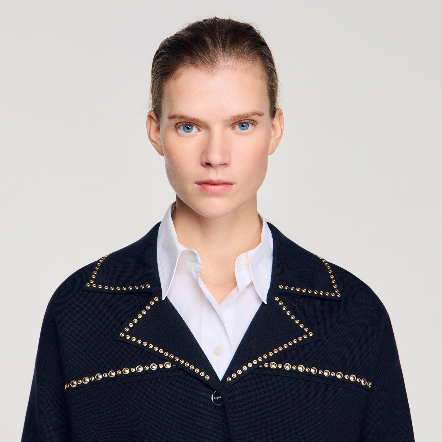 Studded blazer collar cardigan