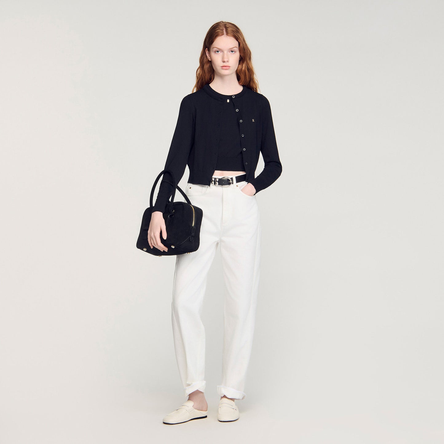 Cropped padded round neck cardigan