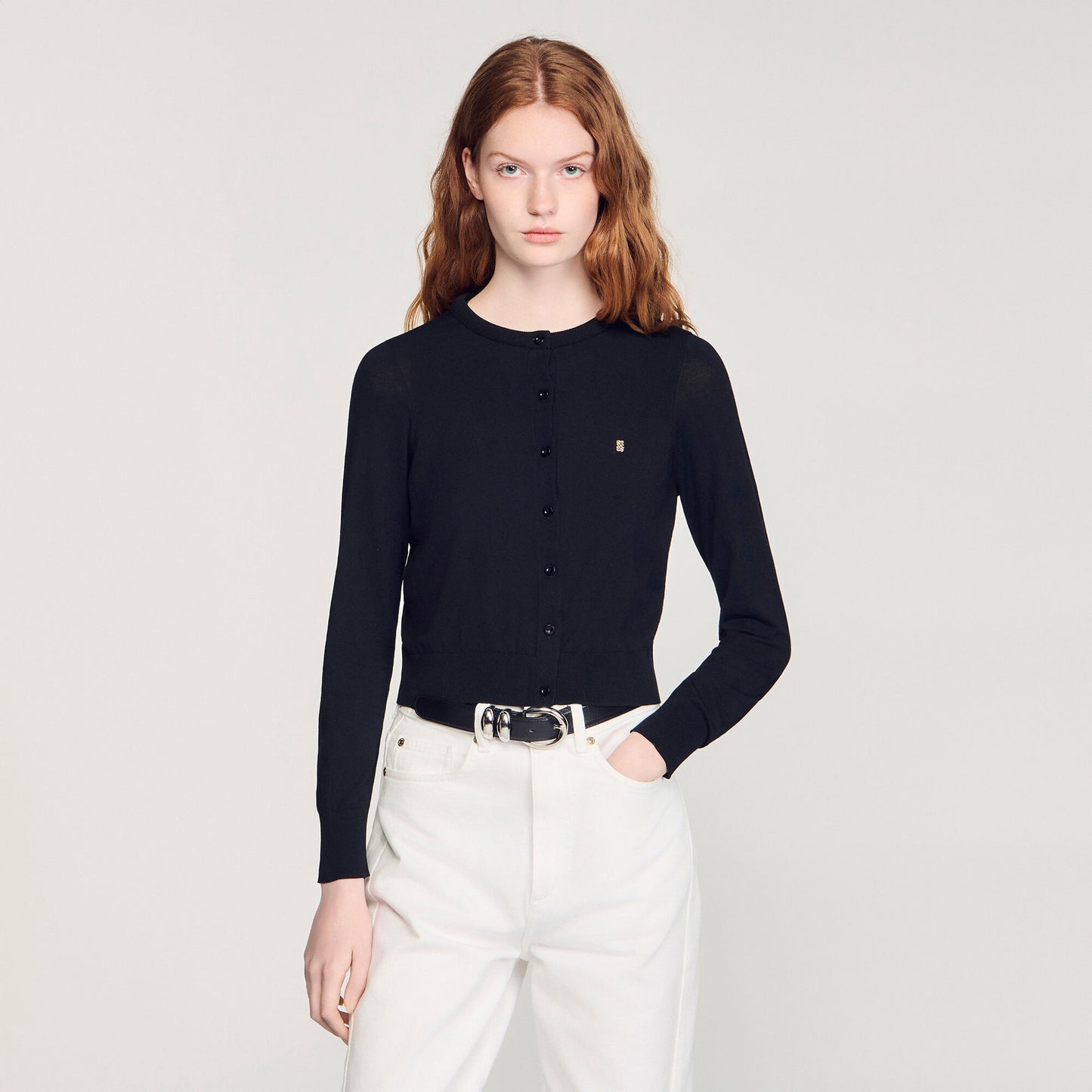 Cropped padded round neck cardigan