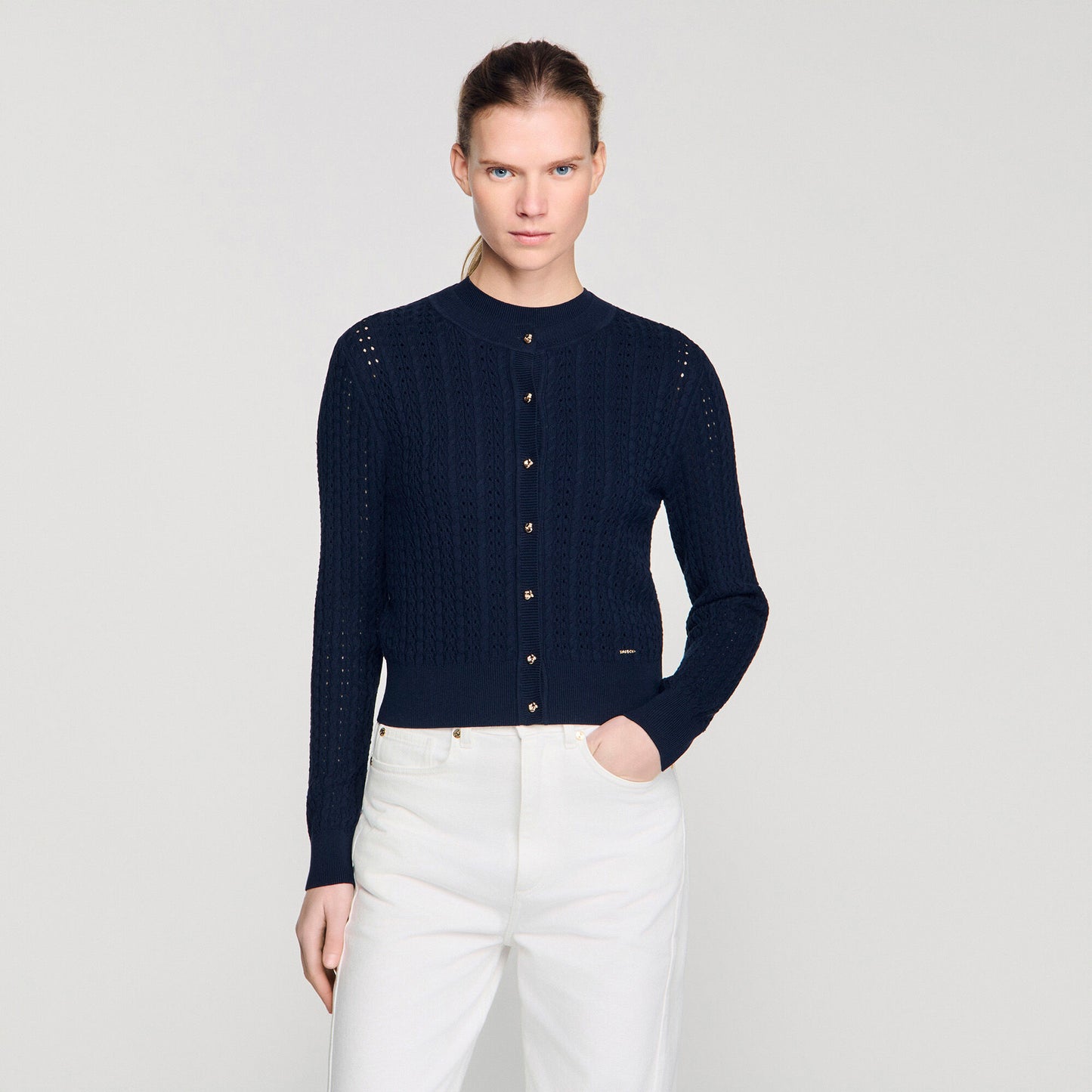 Cropped textured knit cardigan