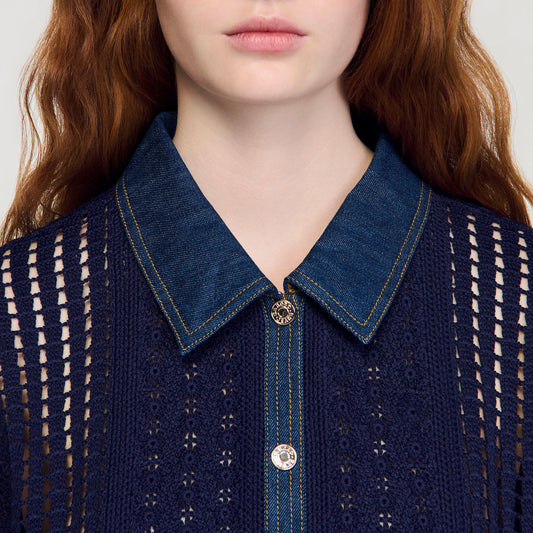 Crochet and denim cardigan