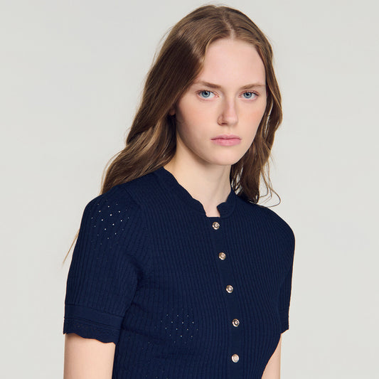 Cropped pointelle knit cardigan