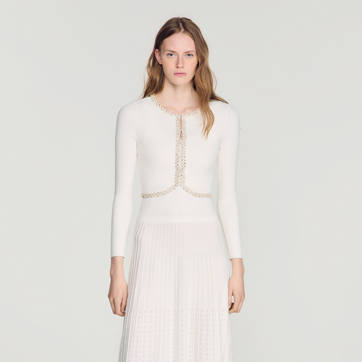 Cropped pearl and strass cardigan