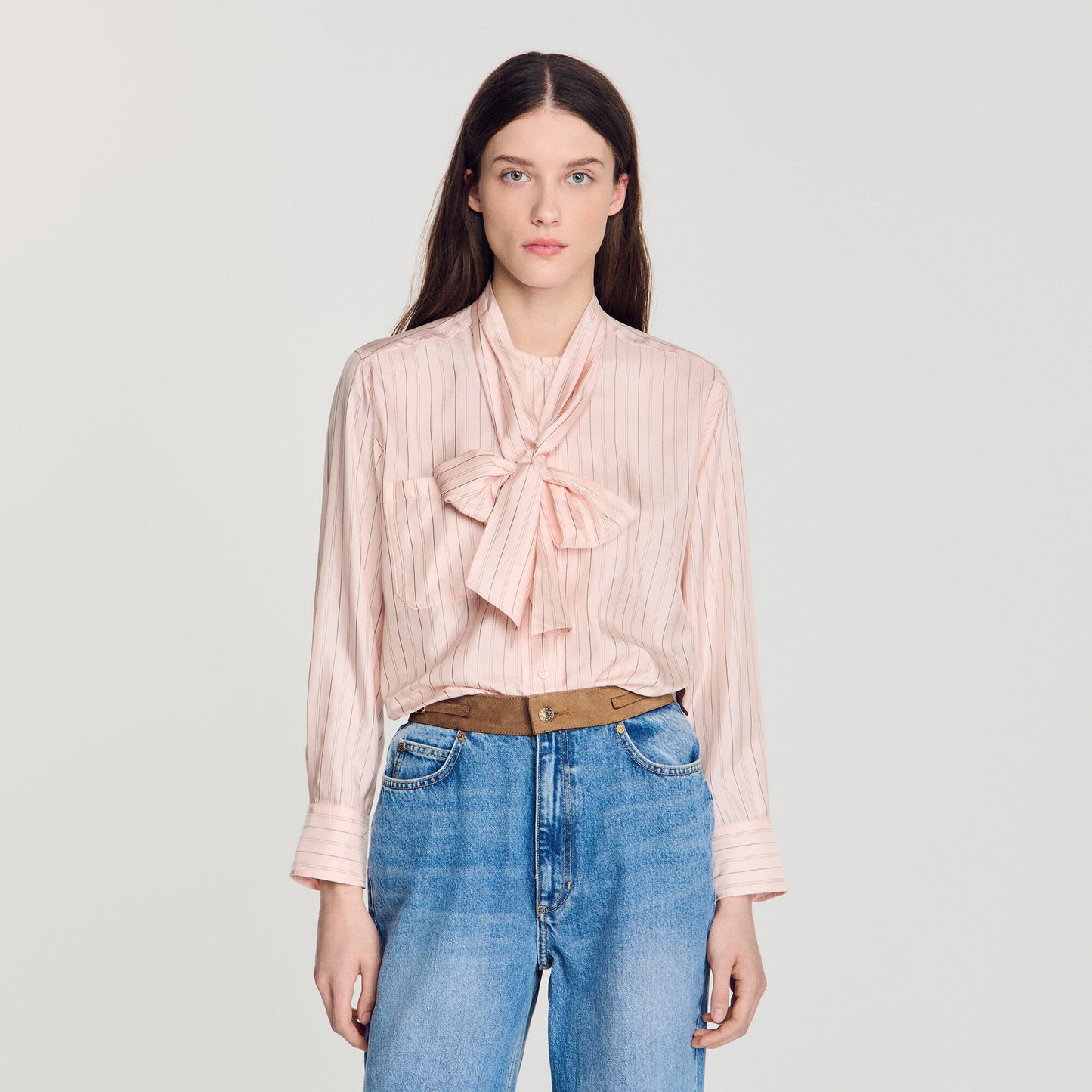 Striped tie-neck shirt