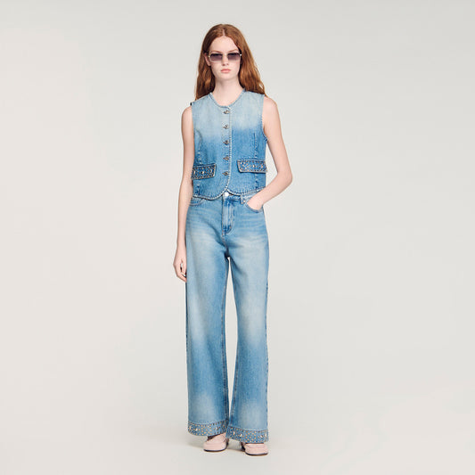 Straight rhinestone cotton jeans