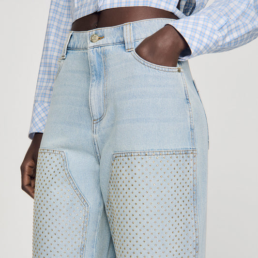 Faded straight rhinestone jeans