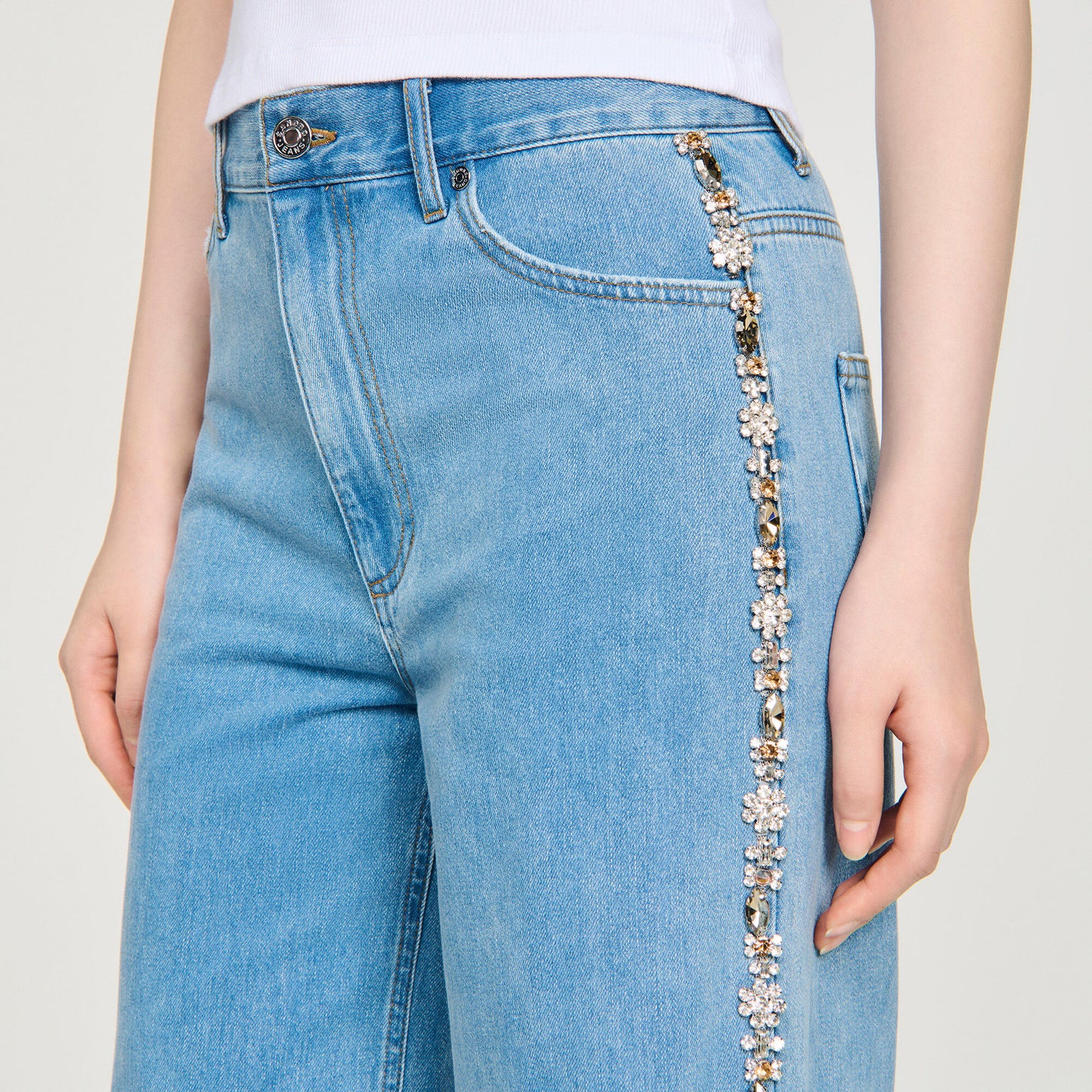 Faded straight-leg rhinestone jeans