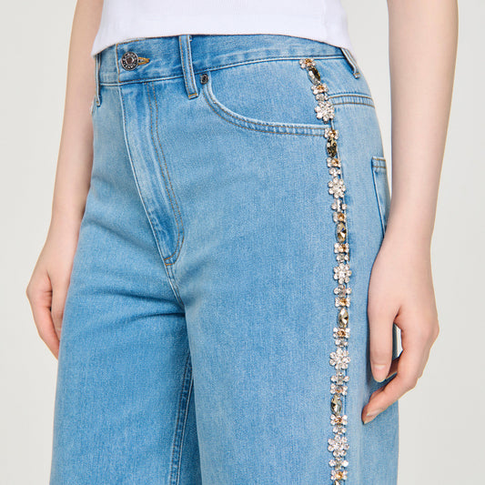 Faded straight-leg rhinestone jeans