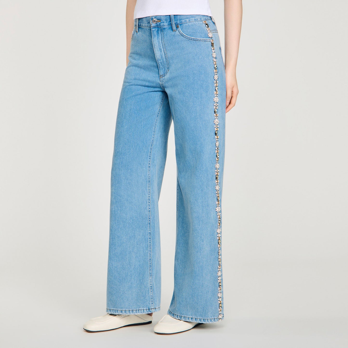 Faded straight-leg rhinestone jeans