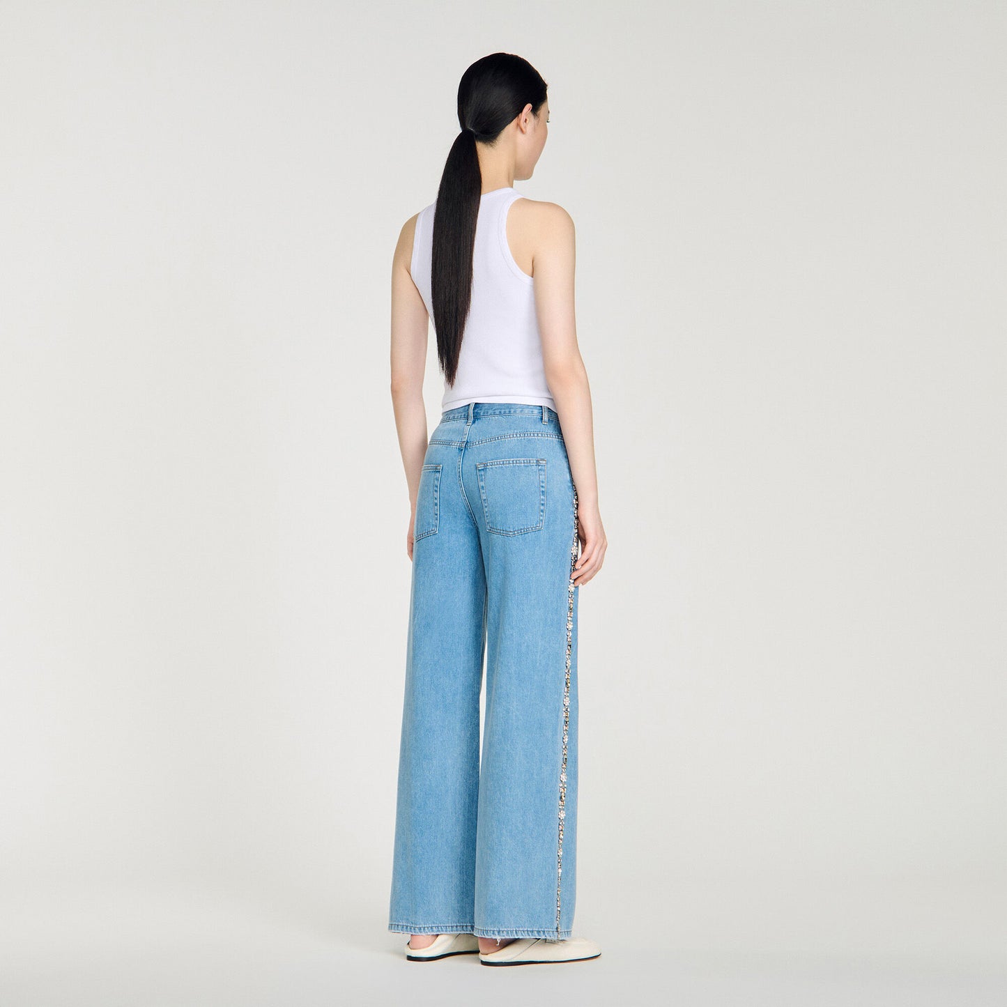 Faded straight-leg rhinestone jeans