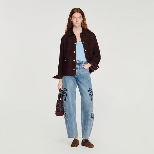 Palm-embroidered wide barrel jeans