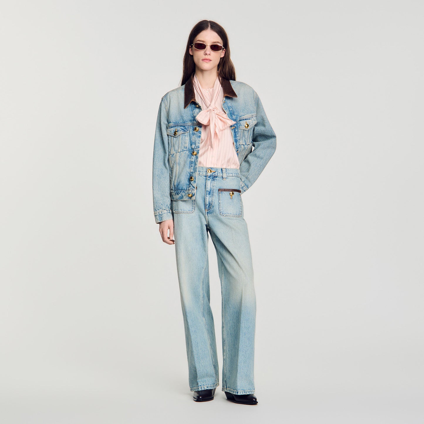 Straight-leg leather detail jeans