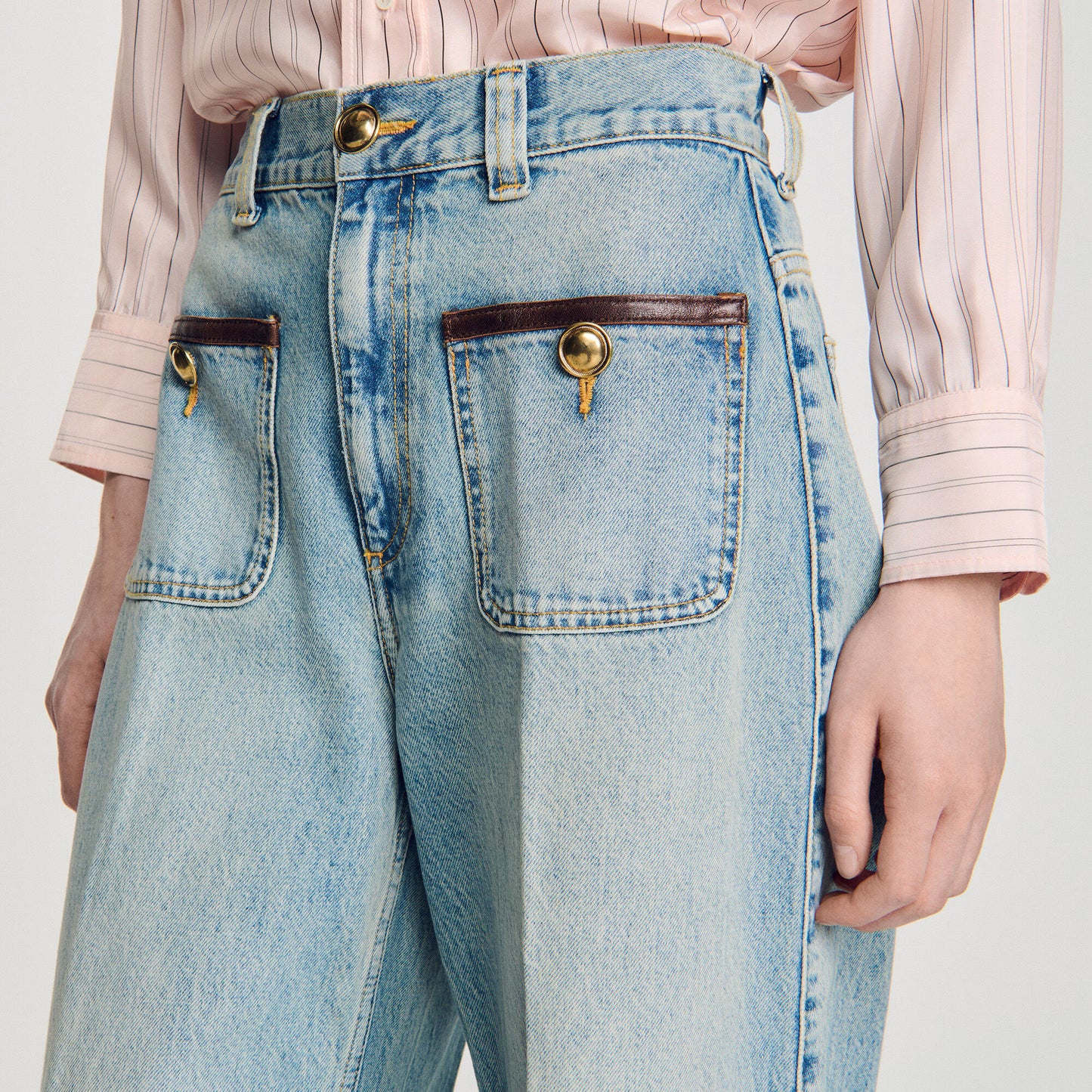 Straight-leg leather detail jeans
