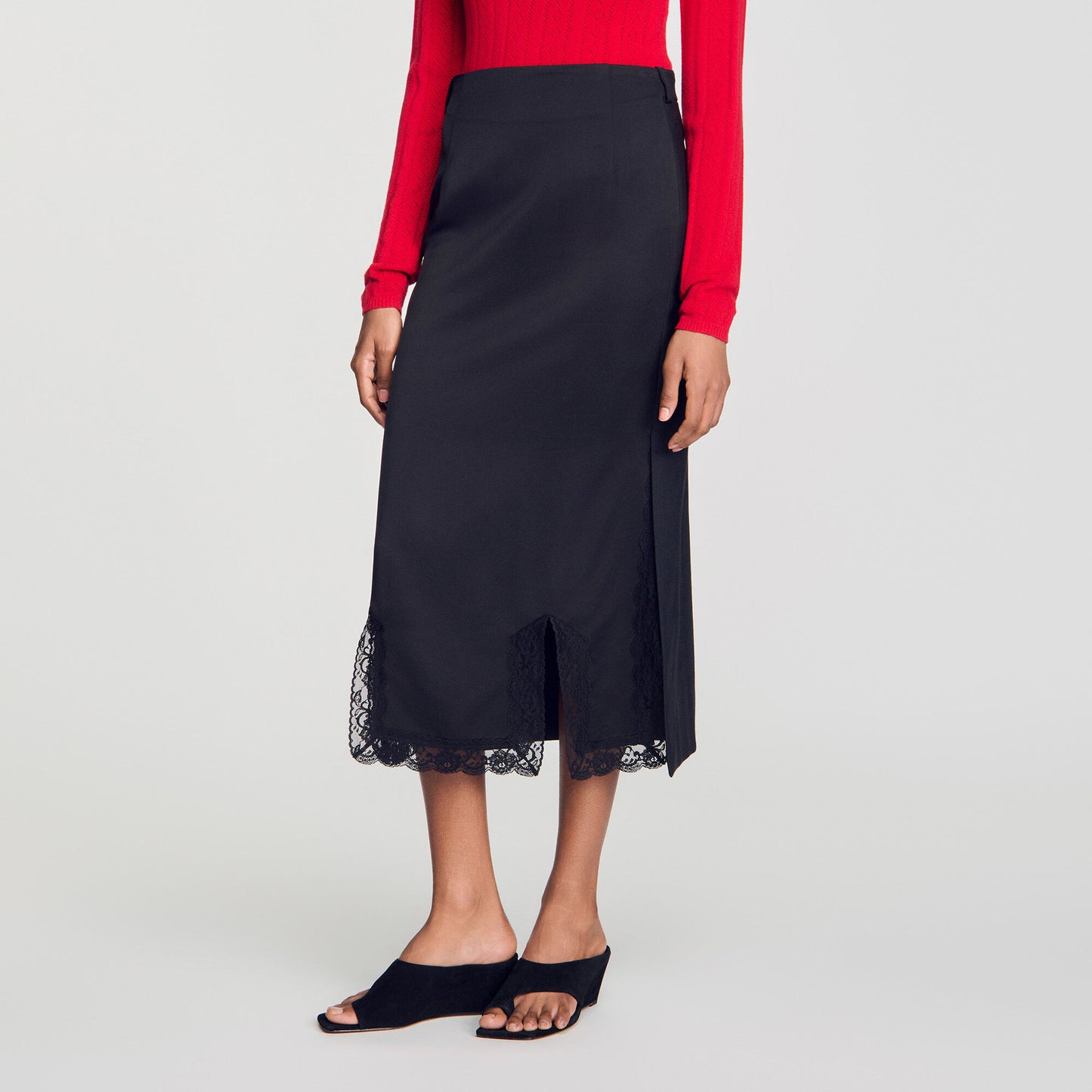 Long mixed-material lace skirt