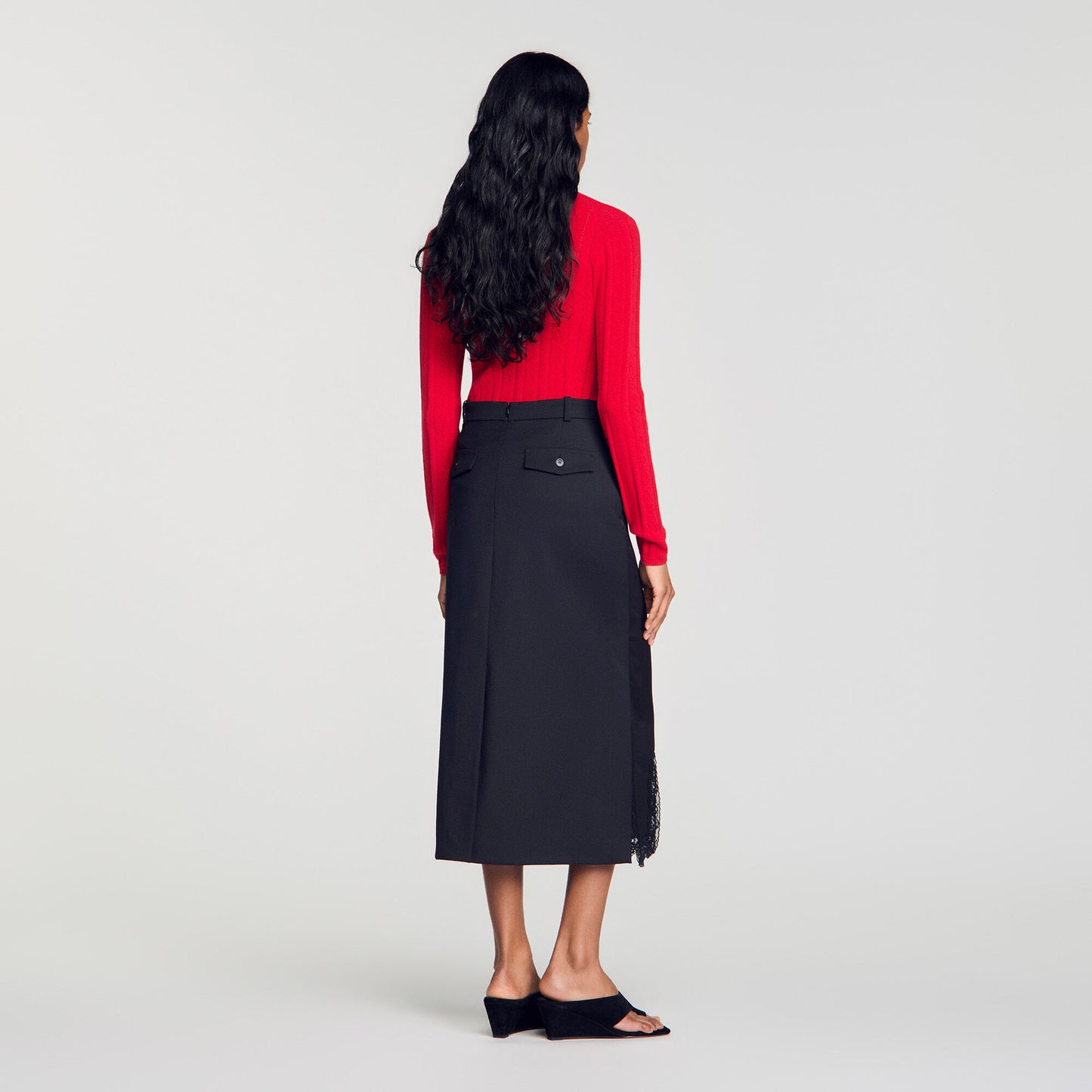 Long mixed-material lace skirt