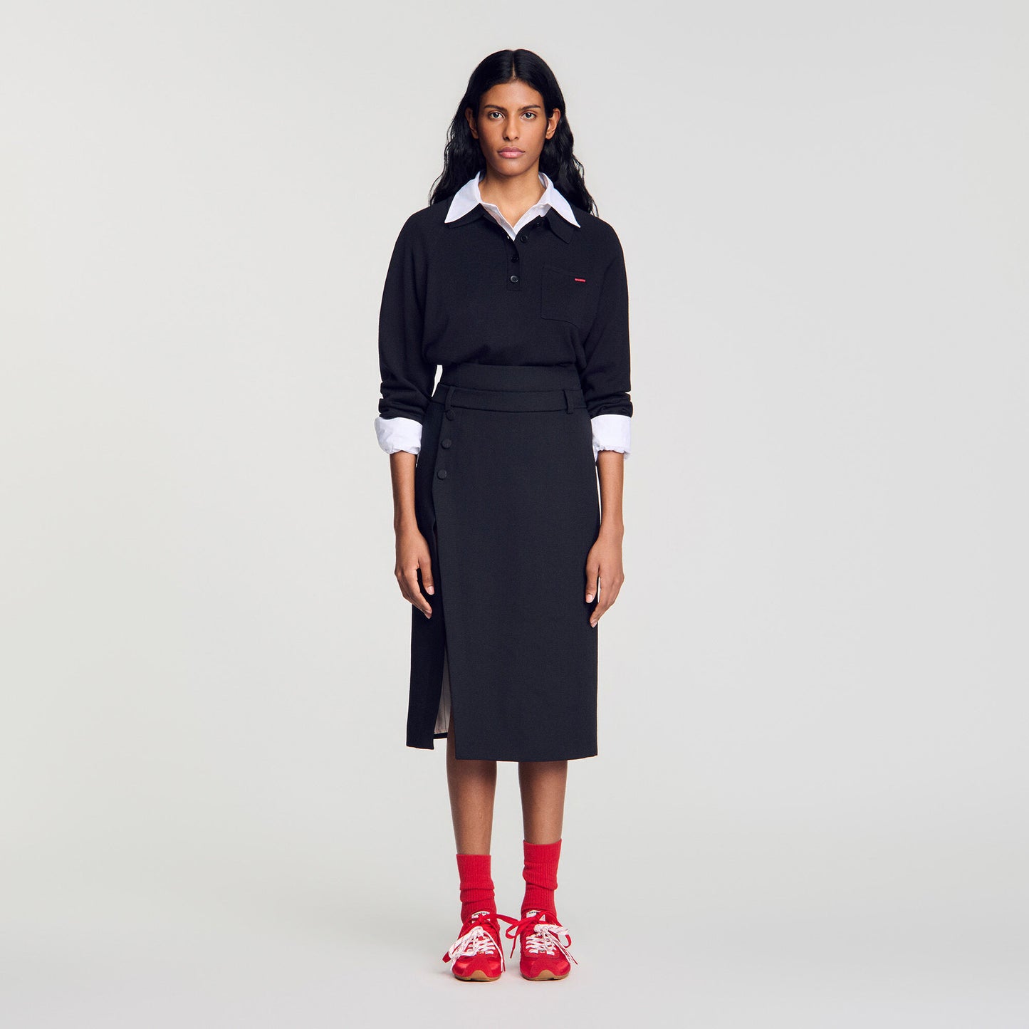 Mid-length slit wool skirt