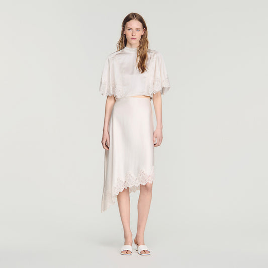 Asymmetrical satin skirt with lace
